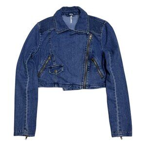 FREE PEOPLE Designer CROPPED Denim Blue Jean Jacket Womens Small